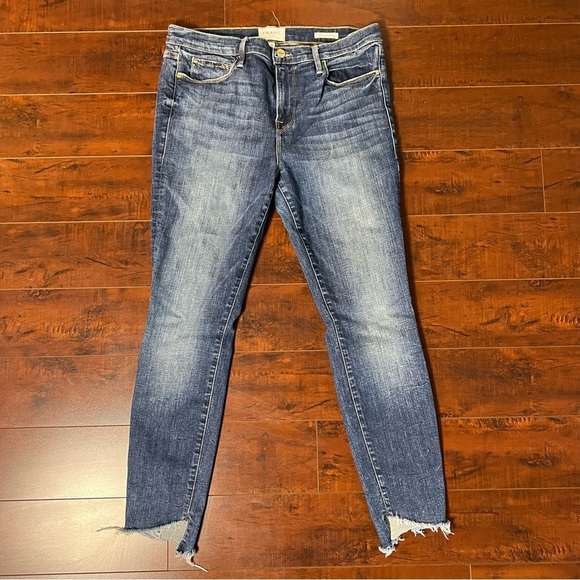 FRAME Denim Le Skinny De Jeanne Meyer Wash Jeans High Rise Raw Hem Size 32 - Picture 2 of 13